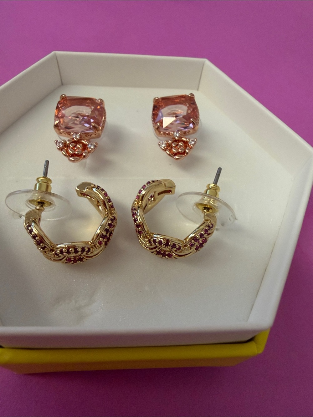 Gold-Tone Hoop and Pink Crystal Stud Earring Set